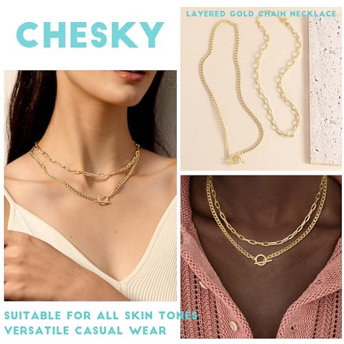 CHESKY Layered Necklaces for Women, 14K Gold Plated Chain Necklace Women Trendy Cuban Link Paperclip Chain Toggle Clasp Necklace Fashion Chunky Jewelry for Women - style: Paperclip/Toggle-GD