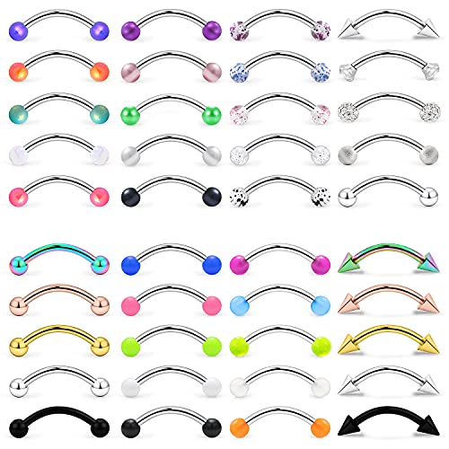 40Pcs 16G Surgical Steel Daith Rook Earring 8mm 10mm Curved Barbell Eyebrow Rings Belly Button Ring Piercing Jewelry for Women Men