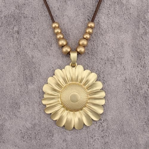 GelConnie Leather Necklaces Turquoise Long Boho Necklaces for Women Brown Chunky Circle Pendant Chocker Necklace Gold Sweater Necklace - style: Brown Flower Choker