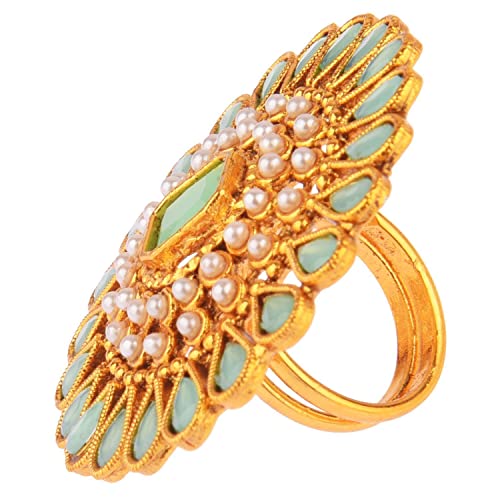 Efulgenz Indian Jewelry Rings for Women Antique Round Faux Pearl Crystal Bollywood Adjustable Big Finger Ring Fashion Party Statement Jewelry for Women - color: Mint