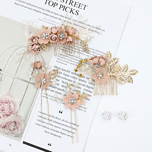 inSowni 20 Pack White Dusty Pink Blue Flower Bridal Wedding Hair Side Combs+Flower Hair Pins+Twist Spiral Pearl Hair Pins Floral Hair Pieces Headpieces Accessories for Brides Bridesmaids Women Girls - color: 20 Pack Dusty Pink Flower Hair Pins Combs Acces