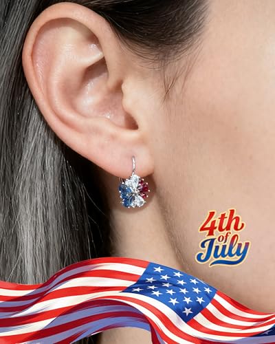 Vintage 14K Gold Plated Flower Birthstone Earrings - Hypoallergenic Leverback Floral Earrings, Trendy Jewelry Gifts for Women - color: Silver-Patriotic