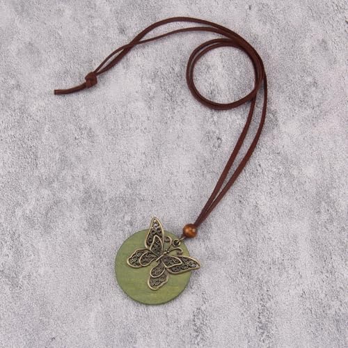GelConnie Leather Necklace for Women Round Wooden Pendant Long Leather Choker Vintage Sweater Necklace Gold Chunky Boho Necklaces for Women - style: Butterfly Wooden Necklace