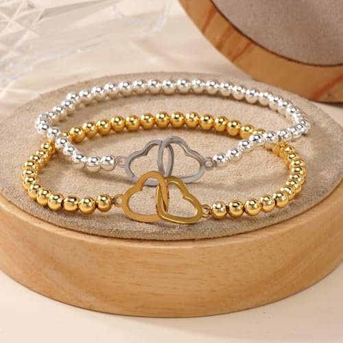 Matching Bracelets for Couple,Gold Silver Beaded Heart Couples Bracelets,Raomantic Relationship Promise Jewelry Gifts for Her - color: Double Heart