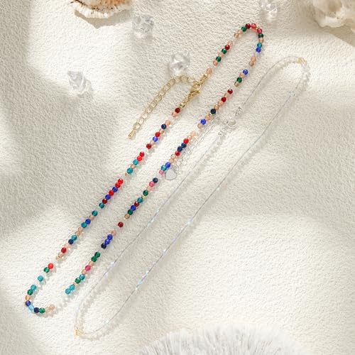 JSJOY Tiny Crystal Beaded Choker Necklaces for Women Colorful Beaded Necklace Dainty Choker Necklaces Simple Boho Jewelry Gifts for Teens Handmade Shining Bead Necklaces Gifts - color: White