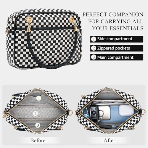 Chic Woven Crossbody Camera Bag, Soft Vegan Leather Purse with Designer Look & Braided Handle - color: Black and White Checkered