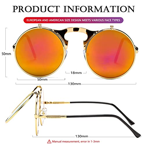 AIEYEZO Round Flip Up Sunglasses for Men and Women Rave Flip Glasses 90's Retro Steampunk Style - color: Gold/Red Mirror