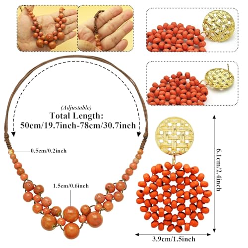 2 Pcs Hippie Boho Colorful Ceramic Beaded Necklace and Earrings Set for Women Adjustable Chunky Round Beads Strand Statement Necklace Colorful Summer Beaded Earrings Bohemian Jewelry Gift - color: Dark Pink