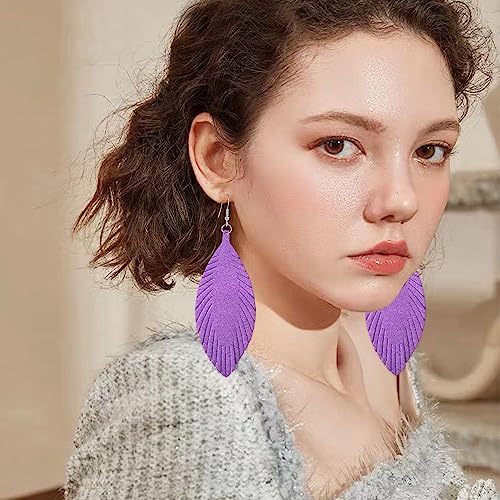 Large Genuine Soft leaf Leather Handmade Fringe Tassel Feather Lightweight Tear Drop Dangle Color Earrings for Women - color: Violet