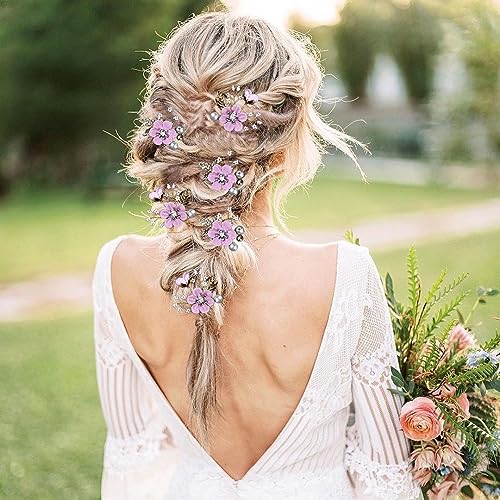 6 Pcs Bridal Flower Wedding Hair Pins Crystal Pearl Hair Pins Clips Headpiece Gold Wedding Hair Accessories Jewelry with Rhinestone for Brides Bridesmaids Women Girls Updo (Romantic Lilac Purple) - color: Romantic Lilac Purple