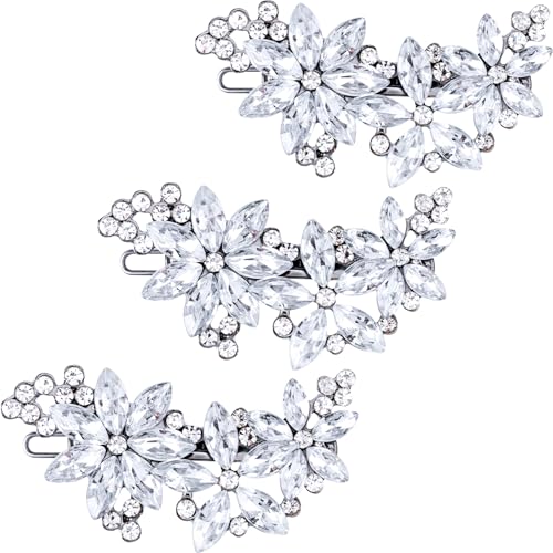 PAGOW 3 Pcs Flower Rhinestone Hair Clips, Silver Crystal Hair Pins, Flower Bridal Headpiece Wedding Hair Accessories for Brides Women - color: Silver 3pcs