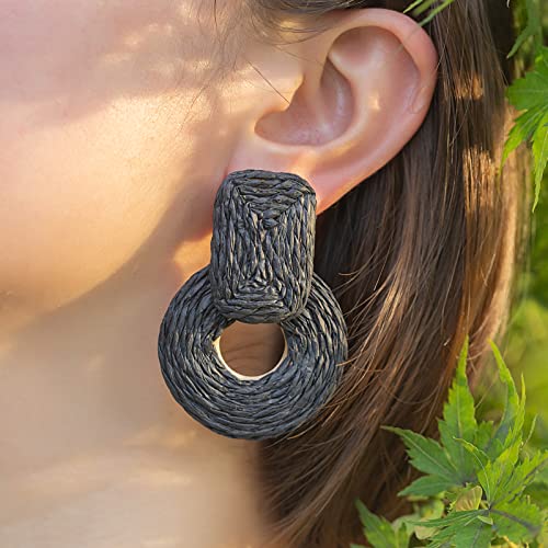 Statement Raffia Earrings Cute Boho Earrings Rattan Dangle Earrings Handmade Straw Wrap Earrings Summer Drop Dangling Earrings for Women Teen Girls - color: Black2