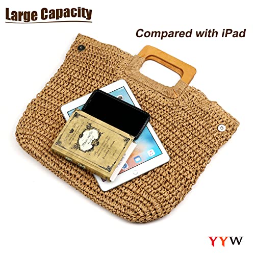 YYW Straw Tote Bag Women Hand Woven Large Casual Handbags Hobo Straw Beach Bag with Lining Pockets for Daily Use Beach Travel - color: Khaki