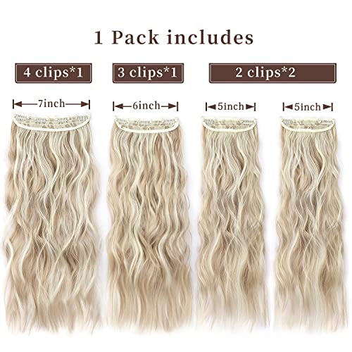 Clip in Natural Hair Extensions Long Wavy 4PCS Thick Hairpieces Dark Ash Blonde Mixed Bleach Blonde Double Weft Synthetic 20 Inch for Women (4pcs, 20Inch, 16H613#) - color: 16H613-Dark Ash Blonde Mixed Bleach Blonde