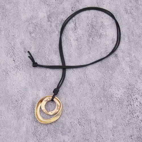 Kelake Leather Necklace for Women Men Teen Vinatge Boho Alloy Pendant Choker Jewelry Fashion Sweater Necklaces with Adjustable Genuine Leather Chain - color: Gold Double Circle Pendant