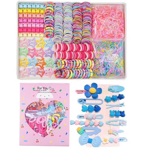 889 pcs Elastic Hair Ties for Girls Hair Accessories Ponytail Holders Colorful Rubber Bands Set with 14 pcs Cute Hair Clip - color: Blue