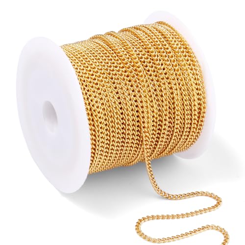 66 Feet 18K Gold Plated Curb Chains Roll, 1.5 mm 304 Stainless Steel Gold Flat Twisted Links Chains Bulk Spool for Jewelry Making DIY Craft - color: Gold Color, size: 1.5mm width