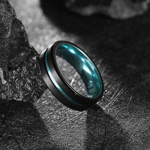 King Will Mens Tungsten Rings for Men Two Tone Grooved Mens Wedding Band Cool - color: Black & Ice-Blue 7mm