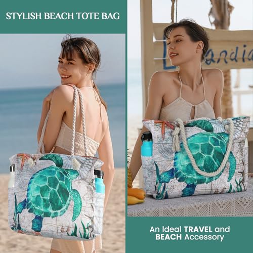 Clothirily Beach Bag for Women - Large Beach Tote Bag, Waterproof Sandproof Beach Bag with Zipper, Large Swim Pool Beach Tote - color: Green Turtle