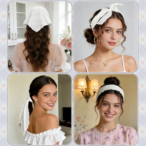 2 Pieces Head Bandana, Lace Head Scarf White Headband for Women Vintage Adjustable Kerchief Parties Dances Ballets
