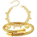 2PCS 18K Gold Plated Nail Bangle & Chain Bracelet Set for Women, Adjustable Stackable Bangle Jewelry, Dainty Gold Bracelet Gift for Women - color: Set F