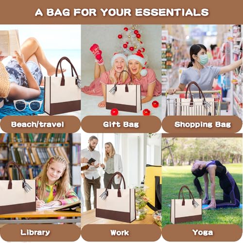 Reginary 12 Pack Canvas Tote Bags Initial Classic Present Personalized Canvas Beach Bag for Wedding, Birthday, Beach(Brown and White) - color: Brown and White