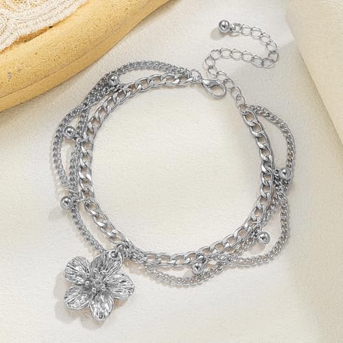 Ankle Bracelets for Women Gold Anklets for Women Waterproof Summer Beach Jewelry Pink Blue White Silver Flower Anklets for Women Plus Size Anklet Bracelet for Big Ankles Foot Jewelry - color: 2 - silver