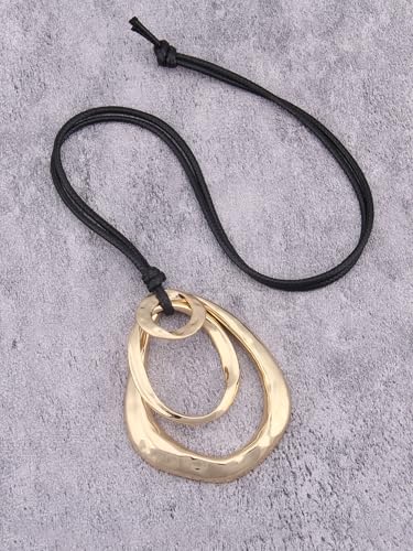Kelake Leather Necklace for Women Men Teen Vinatge Boho Alloy Pendant Choker Jewelry Fashion Sweater Necklaces with Adjustable Genuine Leather Chain - color: Gold Pear-shaped 3 Circles Pendant
