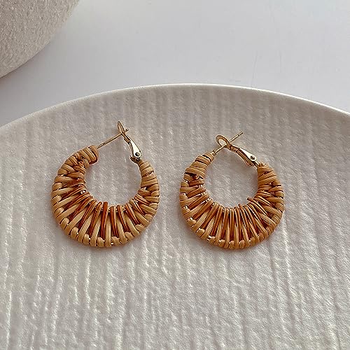 Lightweight Geometric Rattan Earrings for Women Handmade Braid Woven Raffia Straw Wicker Hoop Statement Earrings Summer Jewelry - color: small dark