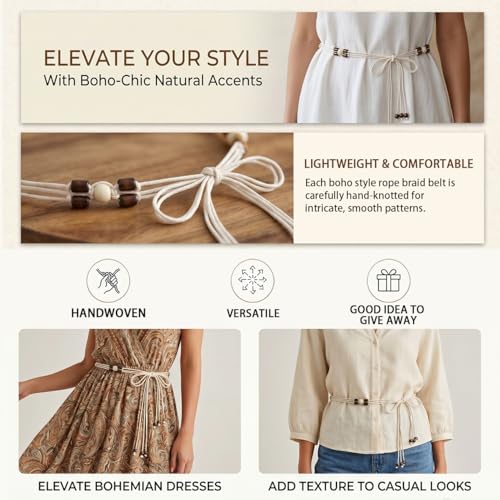 LIMHOO Women's Boho Braided Belt Adjustable Beaded Rope Waist Belts for Dresses - color: 583 Coffee