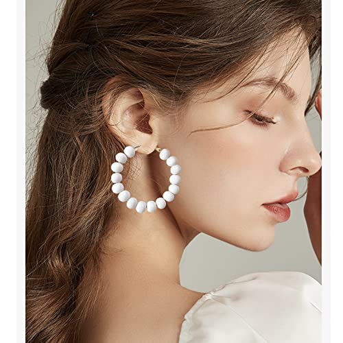 Handmade Nature Wooden Beaded Hoop Earrings Bohemian Minimalist Colorful Circle Round Wood Bead Earrings Vintage Chic Wooden Ethnic Dangle Drop Earrings for Women Statement Jewelry Gifts - color: White