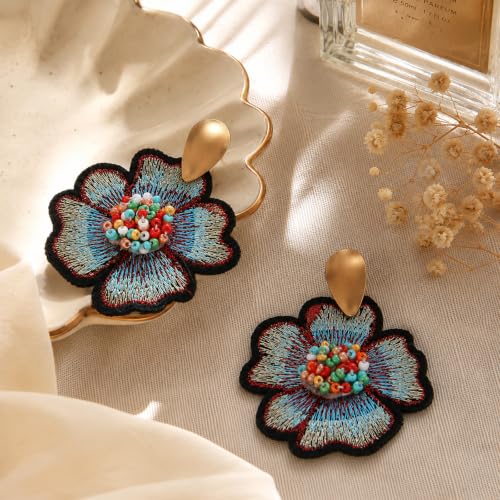 Boho Floral Embroidered Earrings with Colorful Bead Accents and Crystal Center for Women - color: Light Blue