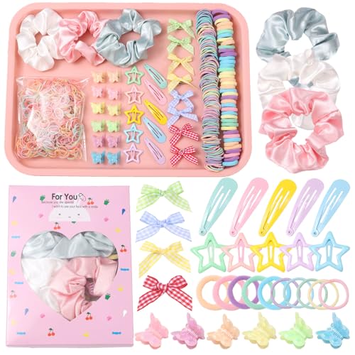 Rosvia 533PCS Hair Accessories Set for Girls,Mini Butterfly Hair Clips and Elastic Hair Ties,Satin Silk Scrunchies,Hair Kit for Toddler Girls - color: Multicolor-3