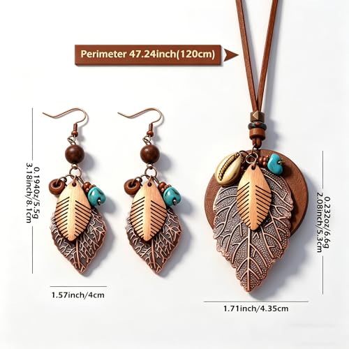 Wooden Leather Necklaces Set Bohemian Wood Stack Discs Long Chain Hemp Rope Bronze Plated Pendant Ethnic Tribal Fall Leaf Earrings Jewelry Statement Necklace - color: R-028