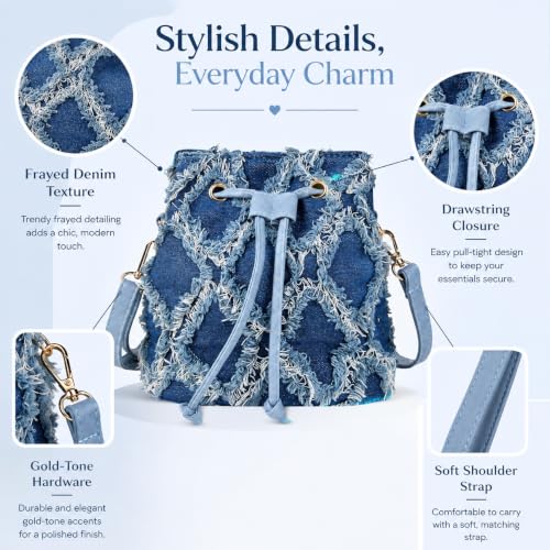 QZUnique Women Denim Mini Bucket Bag Crossbody Purse Shoulder Handbag Drawstring Quilted Tassel Barrel Shape Satchel Tote Bag - color: Bucket Blue