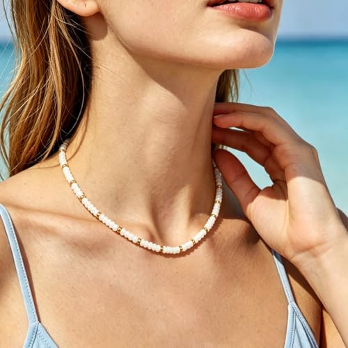 Tgirls Boho Choker Necklace Chain Rice Beaded Necklaces Seed Bead Necklace Accessory for Women - color: White Gold