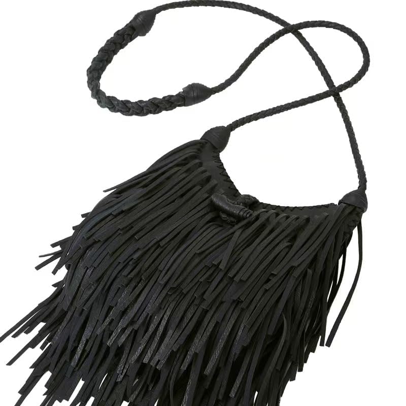 Tassel Shoulder Bag, Vintage Stylish Women PU Leather Bohemian Fringed, Vintage Hobo Crossbody Bag,Fringe Handbag - color: Black Red-6