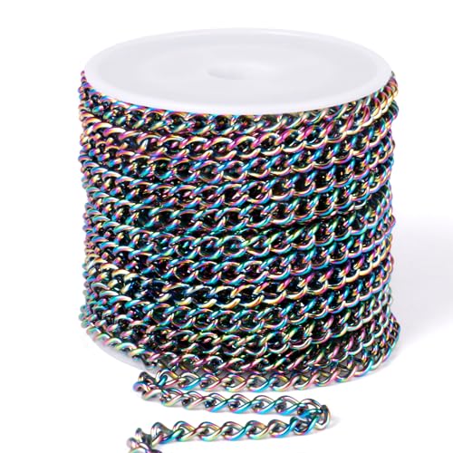 33FT Colorful Stainless Steel Curb Chains Roll, 4mm 304 Stainless Steel Multi Color Flat Twisted Links Curb Chains Bulk Spool for Jewelry Making DIY Craft - color: Colorful, size: 4.0mm width