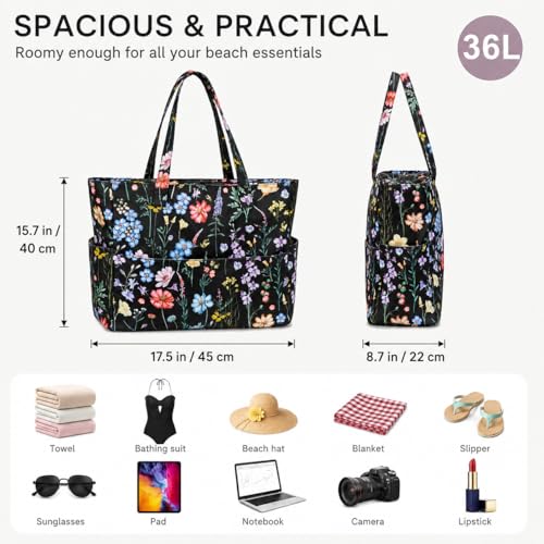 Bluboon Waterproof Beach Tote Pool Bags for Women Ladies Extra Large Carry On Bag With Wet Compartment for Weekender Travel - color: Black Butterfly-floral