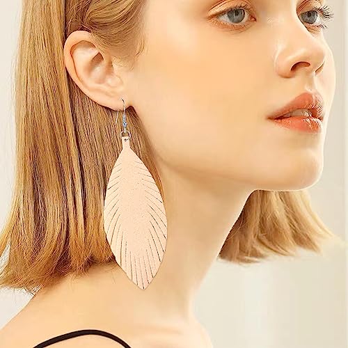Large Genuine Soft leaf Leather Handmade Fringe Tassel Feather Lightweight Tear Drop Dangle Color Earrings for Women - color: Beige