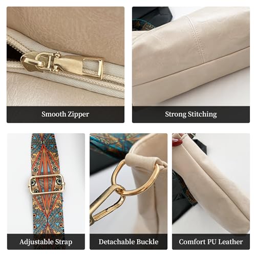 Hobo Bags for Women Crossbody Bag Guitar Strap Purse Vegan Leather Shoulder Handbags Boho Purses Tote Bucket Bag - color: Beige
