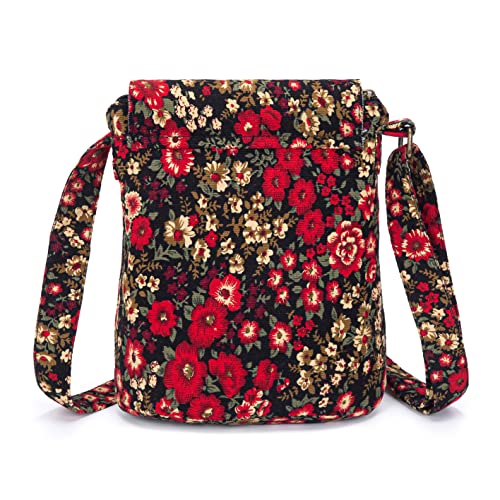 OPQRSTU Women's Retro Small Size Canvas Shoulder Bag Hippie Boho Crossbody Handbag - color: Corduroy Red Black