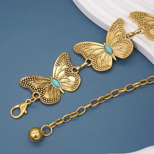 Women Western Chain Belt Adjustable Turquoise Metal Waist Chain Boho Chain Link Belt for Jeans or Dresses - color: Turquoise Butterfly Gold, size: M: 47.2 in/120 cm