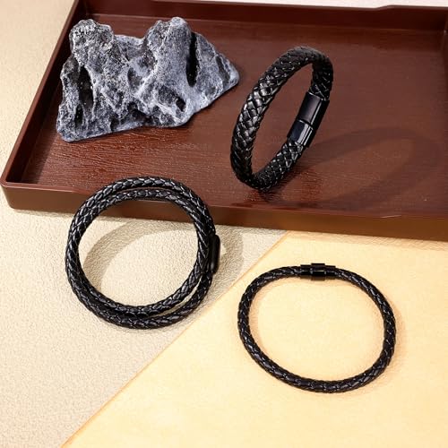 3Pcs Genuine Italian Braided Leather for Men Women Leather Wrist Cuff Bracelets Black Brown Stainless Steel Clasp Wrap Wristband 7.5-9 Inches - color: Black
