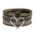 Womens Multi Layer Heart Leather Wrap Bracelet Boho Stackable Cuff Bangle Magnetic Clasp Crystal Birthday Valentine Gift - color: Grass Green