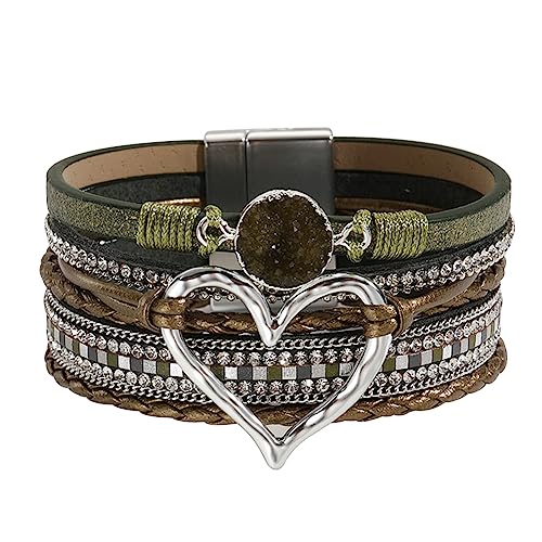 Womens Multi Layer Heart Leather Wrap Bracelet Boho Stackable Cuff Bangle Magnetic Clasp Crystal Birthday Valentine Gift - color: Grass Green