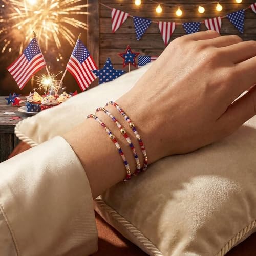 Dainty Gold Plated Tiny Ball Colorful Beaded Stack Bracelets Sets for Women,3Pcs Stackable Cute Bracelet Stretch Trendy Ball Jewelry Friendship Gift - color: 4th Of July