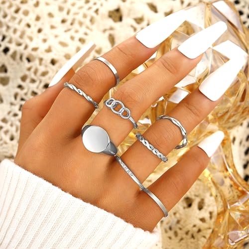 FAXHION 24-60 Pcs Gold Stackable Rings for Women, Knuckle Rings Chunky Gold Ring Set Dainty Stacking Cute Rings, Multiple Sizes Cute Jewelry Set Gift - style: Silver-24 Pcs
