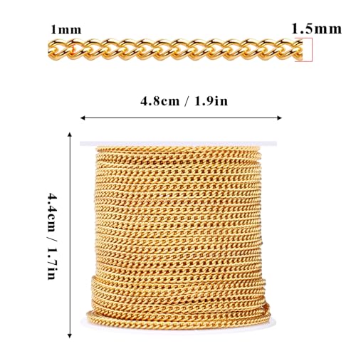 66 Feet 18K Gold Plated Curb Chains Roll, 1.5 mm 304 Stainless Steel Gold Flat Twisted Links Chains Bulk Spool for Jewelry Making DIY Craft - color: Gold Color, size: 1.5mm width