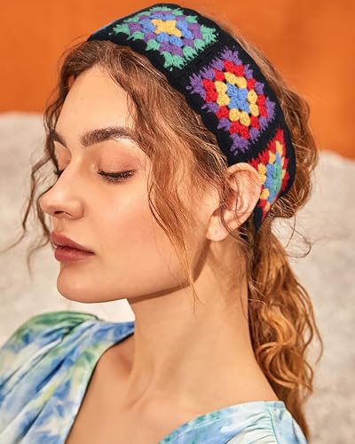 HAIMEIKANG Hippie Hair Bandanas Headbands for Women Boho Headband Knit Hair Bands Floral Head Wrap for Girls(Black+White+Gray) - color: Black+White+Gray